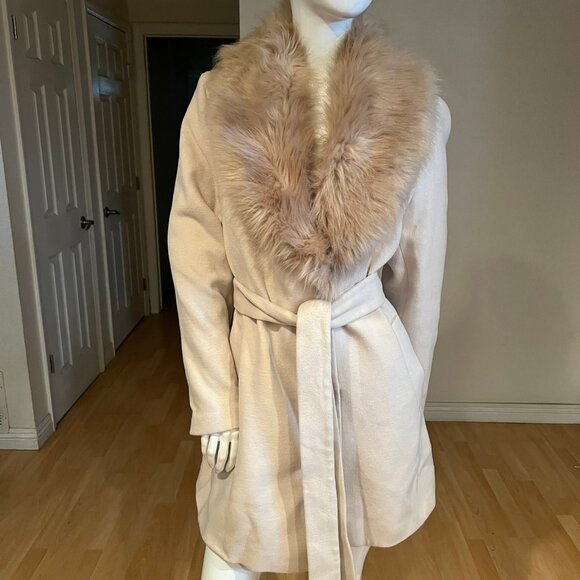 H&M FAUX FUR TRIM LONG COAT TIE WAIST SIZE L LARGE - Picture 1 of 5